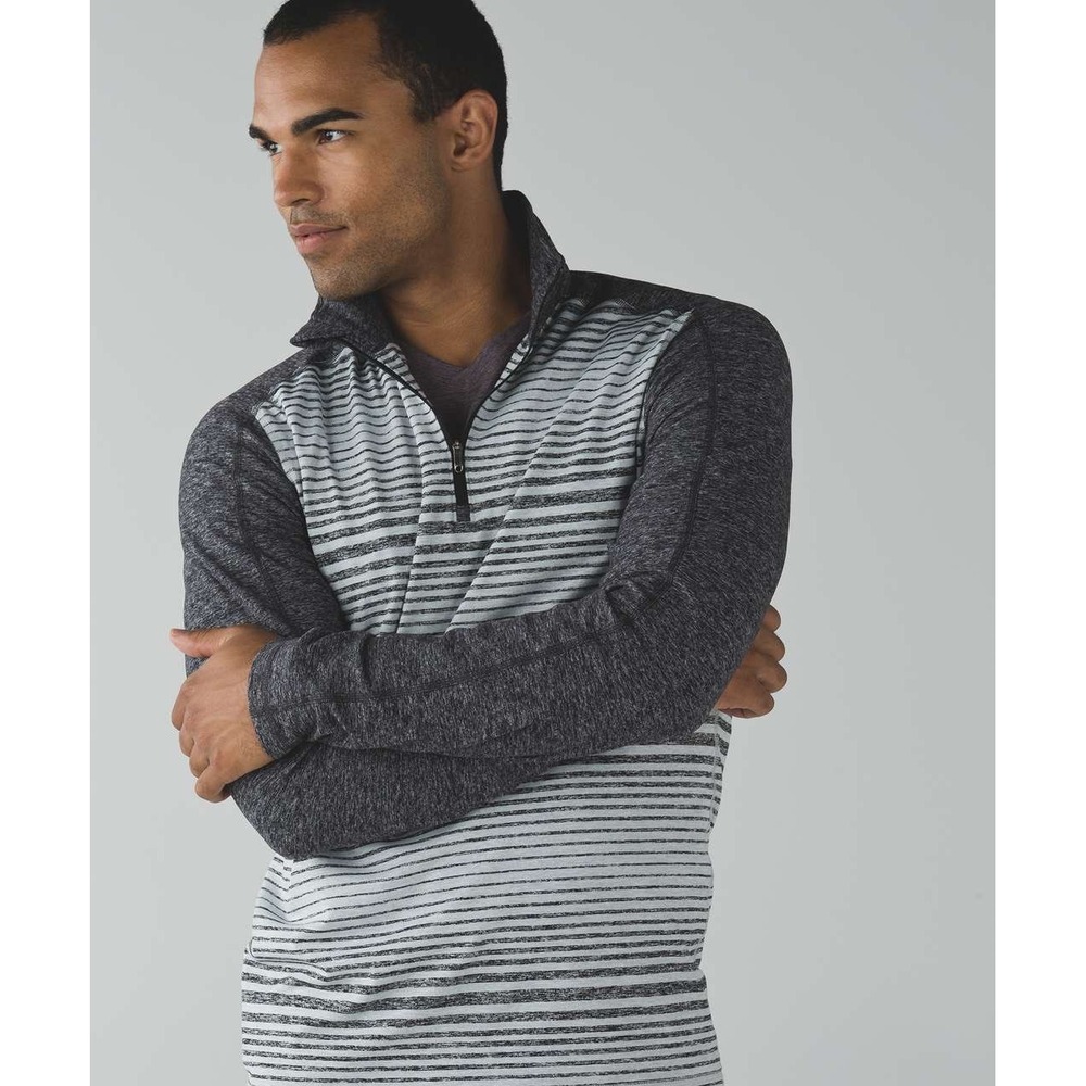 Lululemon Surge Warm‎ 1/2 Zip Mens Large Gray Striped Rulu Outdoor Activewear